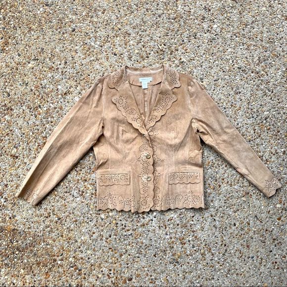 Y2K 90s Coldwater Creek Leather Laser Cut Brown Scallop Hem Jacket Size L - Picture 1 of 11
